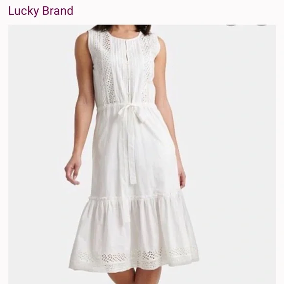 Lucky Brand White Eyelet Tie-Waist Midi Dress - Picture 1 of 15